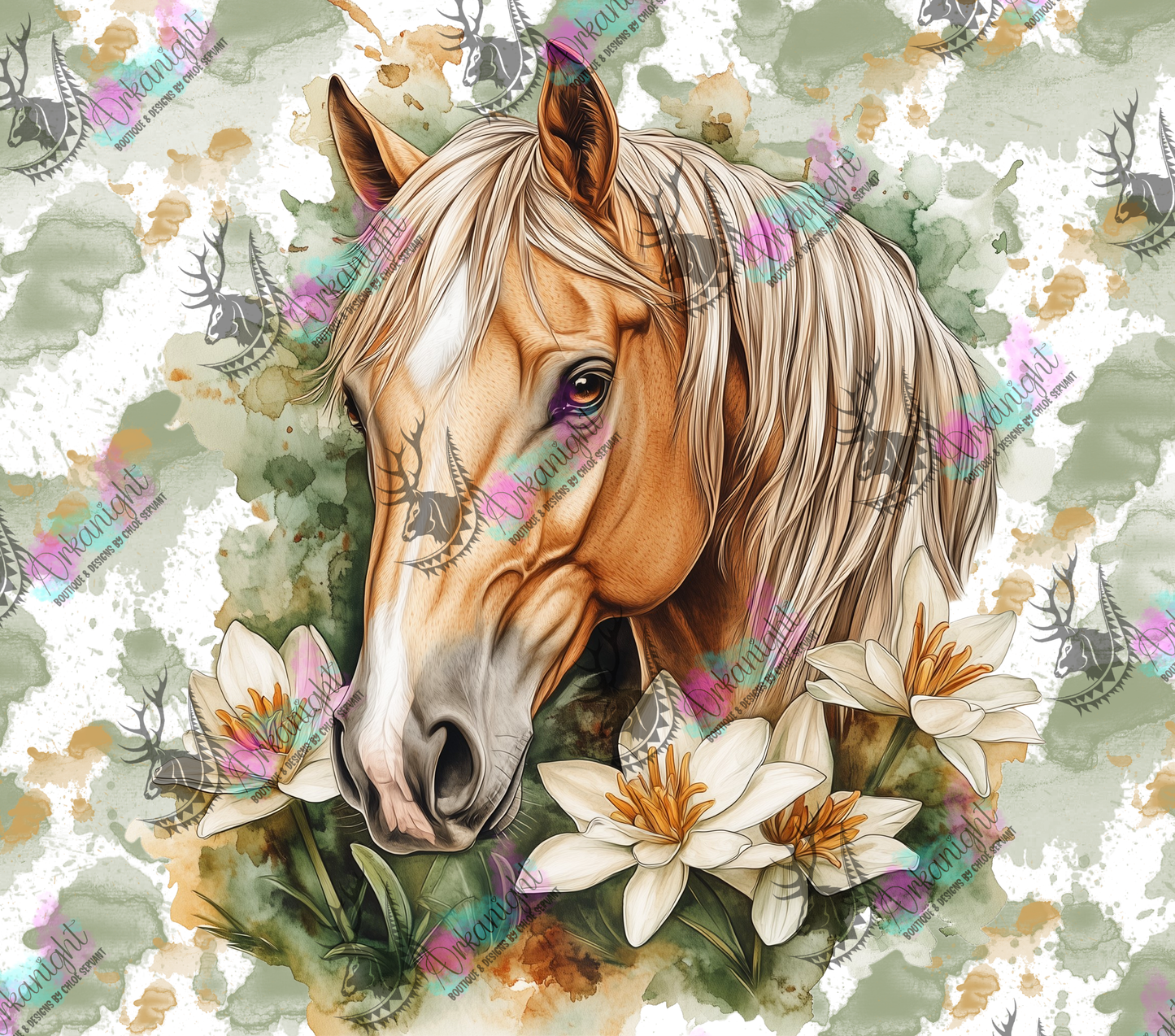 Numérique - Collection Western 2026 - Watercolor Realism - Cheval Palomino Gold - Teinte de vert Sauge