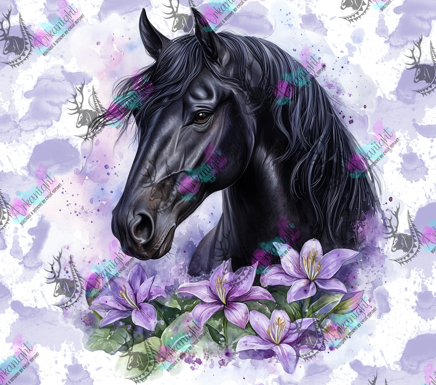Numérique - Collection Western 2026 - Watercolor Realism - Cheval Noir Jais - Teinte de Mauve Lilas