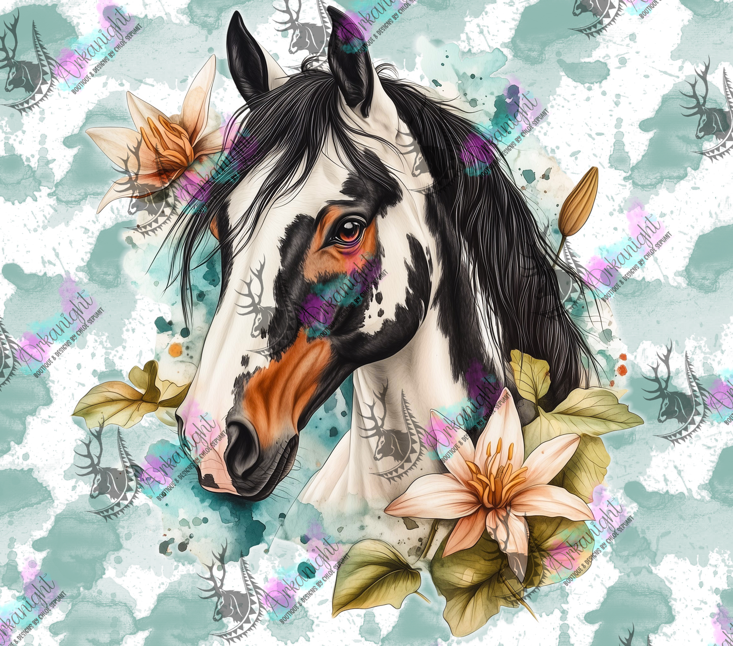 Numérique - Collection Western 2026 - Watercolor Realism - Cheval Paint Horse Non Standard - Couleur vert Menthe