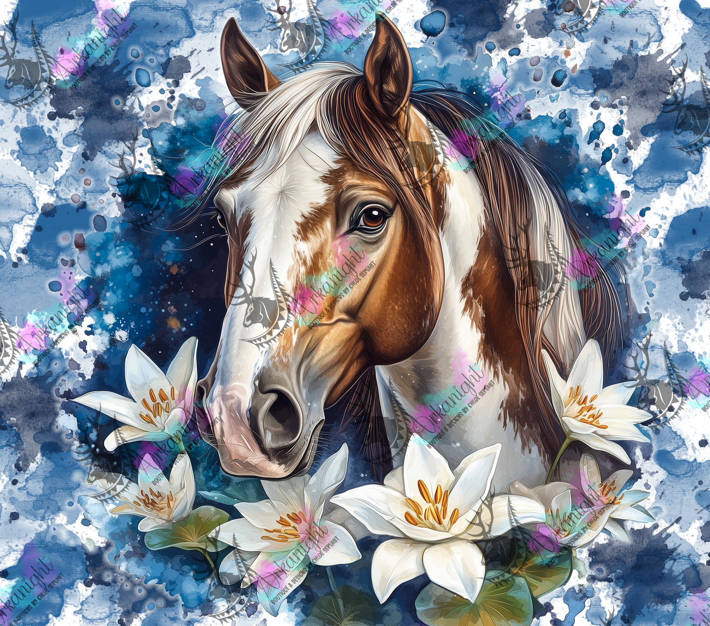Numérique - Collection Western 2026 - Watercolor Realism - Cheval Paint Horse Brun & Blanc - Teinte de Bleu marin