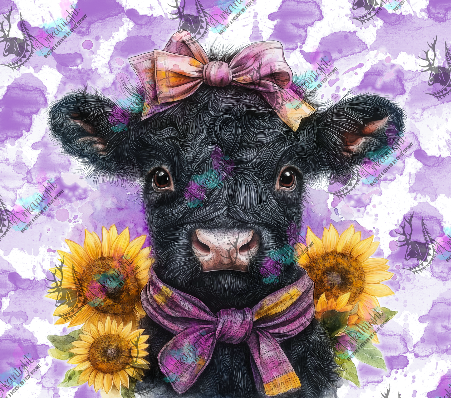 Numérique - Collection Western 2026 - Watercolor Realism - Vache Highland Noire - Teinte de Mauve - Sunflower
