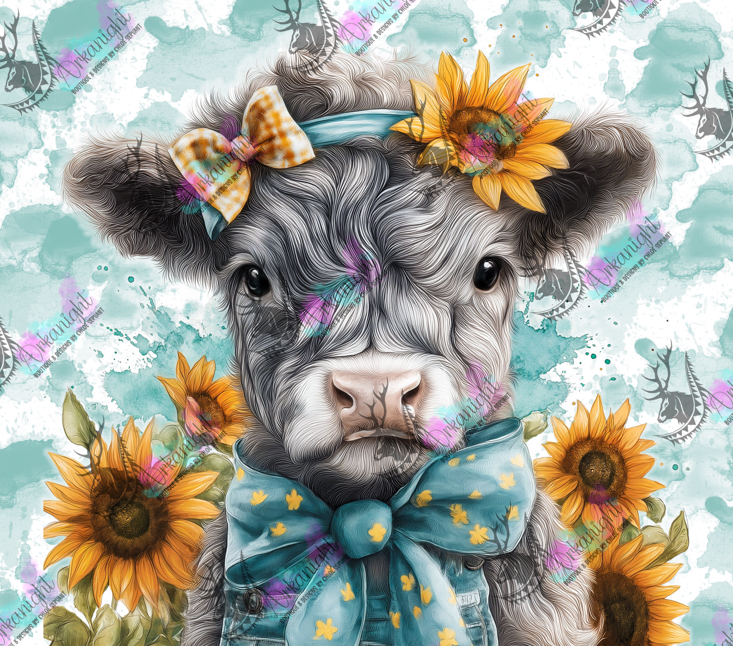Numérique - Collection Western 2026 - Watercolor Realism - Vache Highland Grise - Teinte de sarcelle - Sunflower