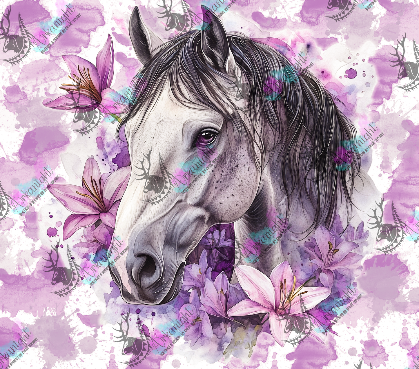 Gourde sur commande - Collection Western 2026 - Watercolor Realism - Cheval Gris - Teinte de Lilas- Lys
