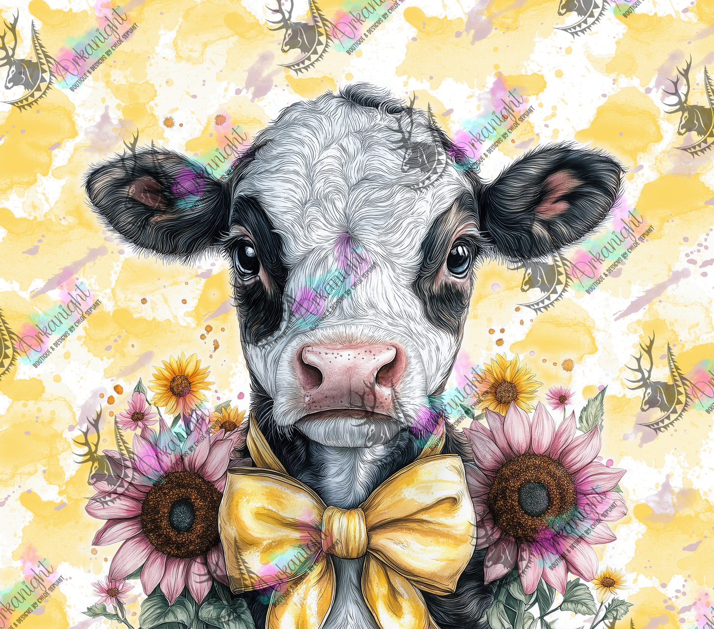 Numérique - Collection Western 2026 - Watercolor Realism - Vache Holstein Noire- Teinte de jaune - Sunflower rose