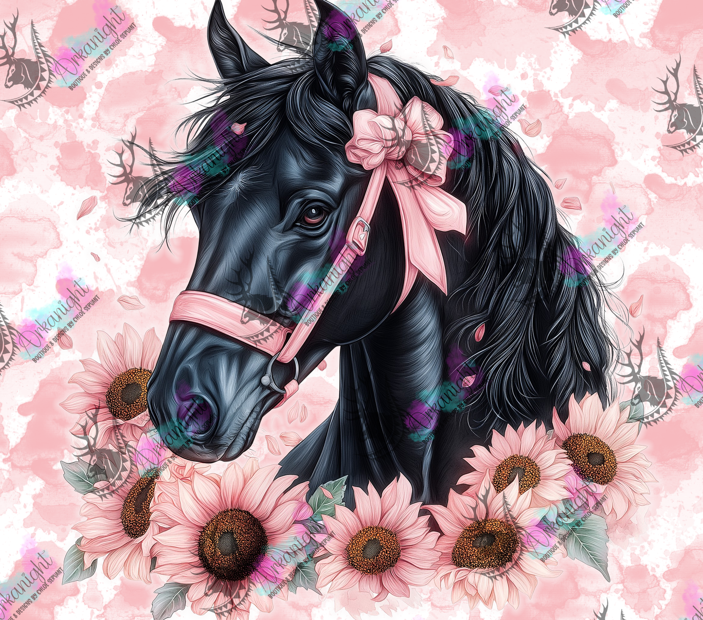 Numérique - Collection Western 2026 - Watercolor Realism - Cheval Noir Jais - Teinte de rose