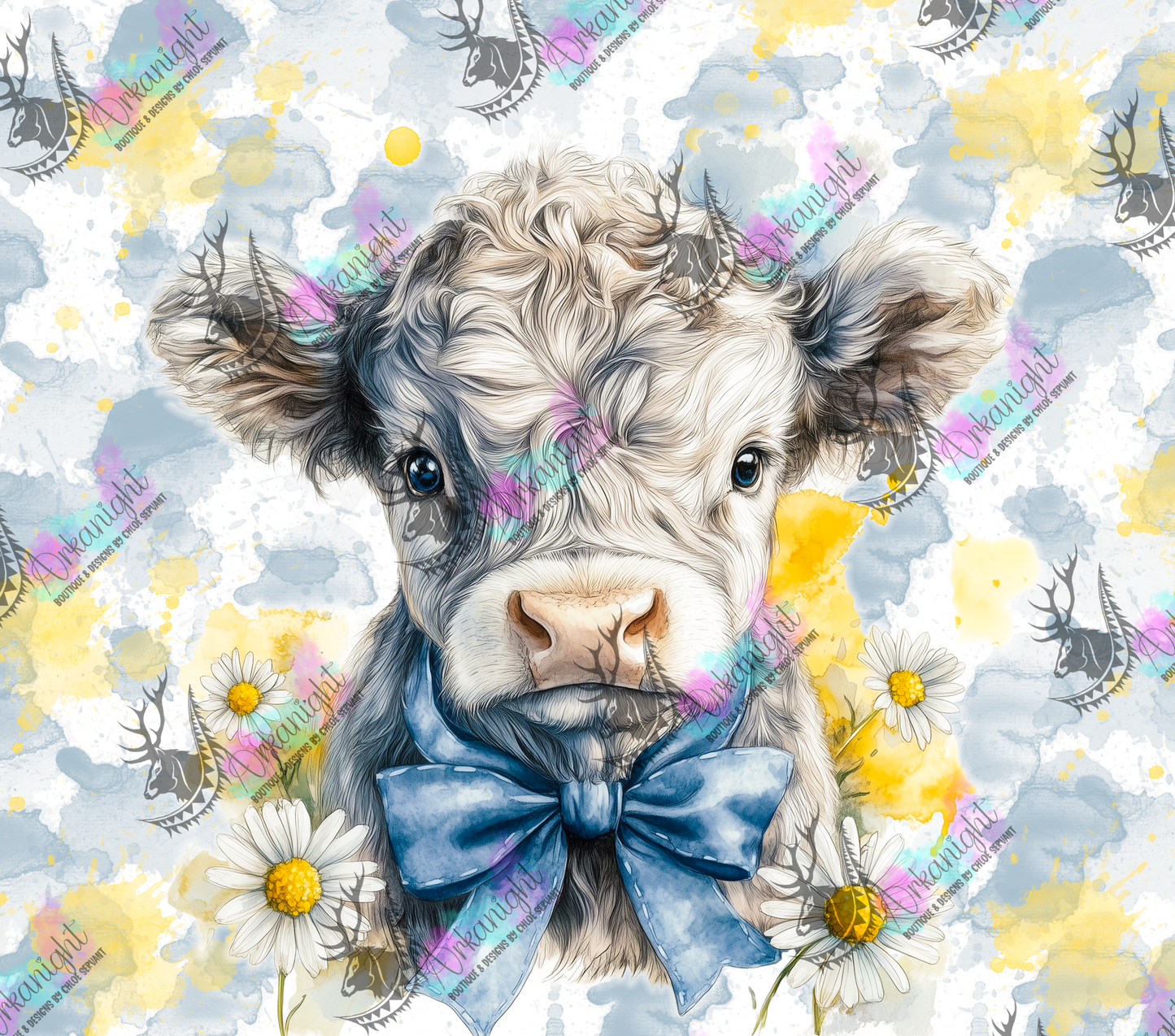 Numérique - Collection Western 2026 - Watercolor Realism - Highland Cow Grise & Blanche - Teinte de gris et jaune
