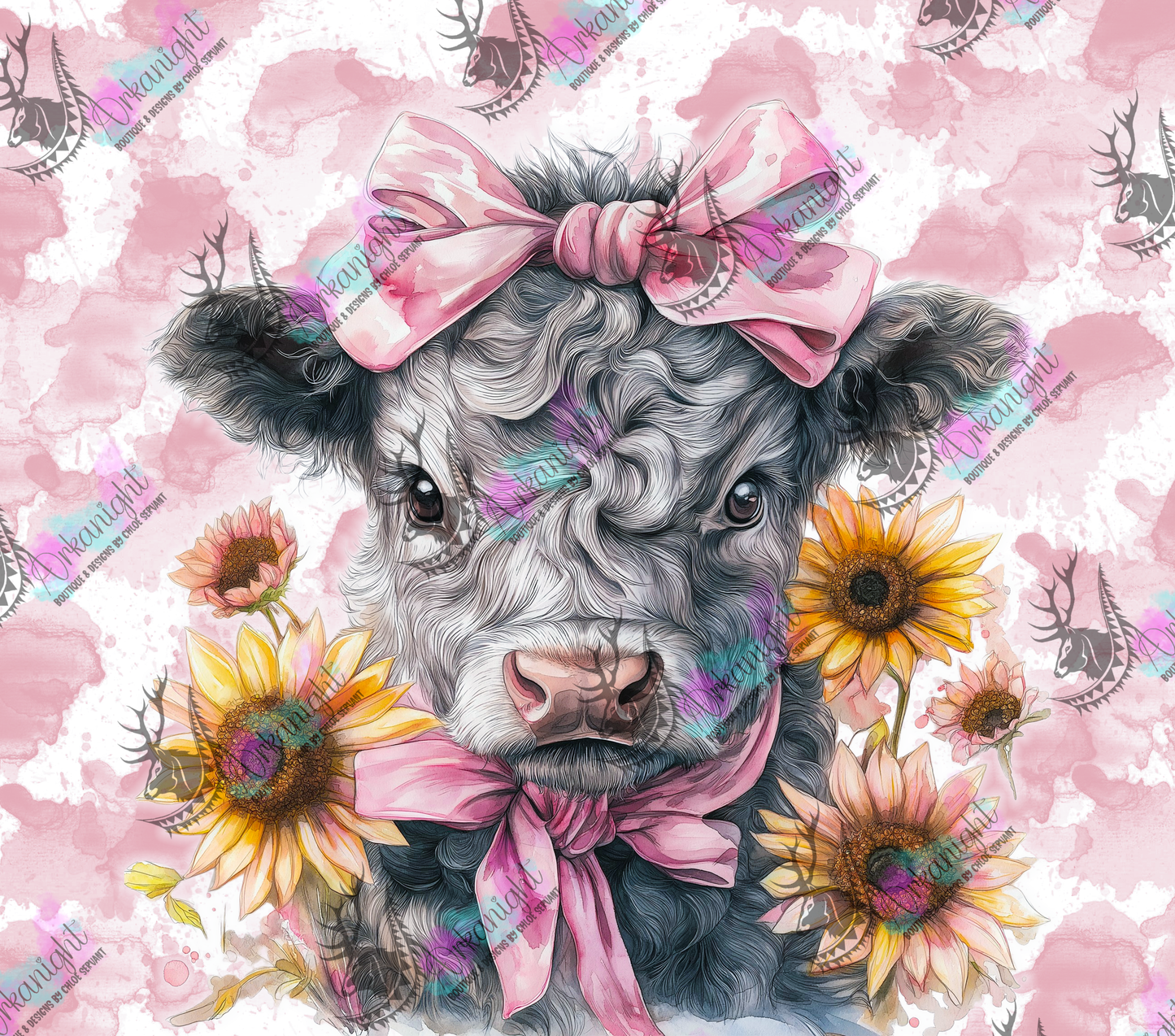 Numérique - Collection Western 2026 - Watercolor Realism - Vache Highland Grise - Teinte de rose
