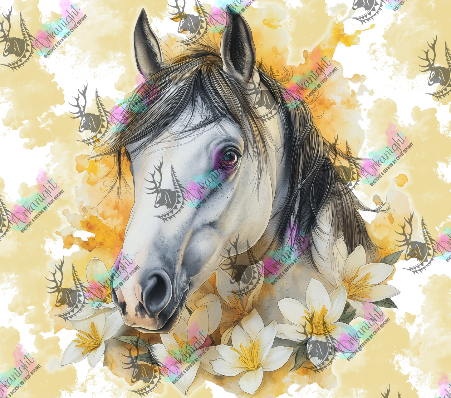 Numérique - Collection Western 2026 - Watercolor Realism - Cheval Gris - Teinte de jaune