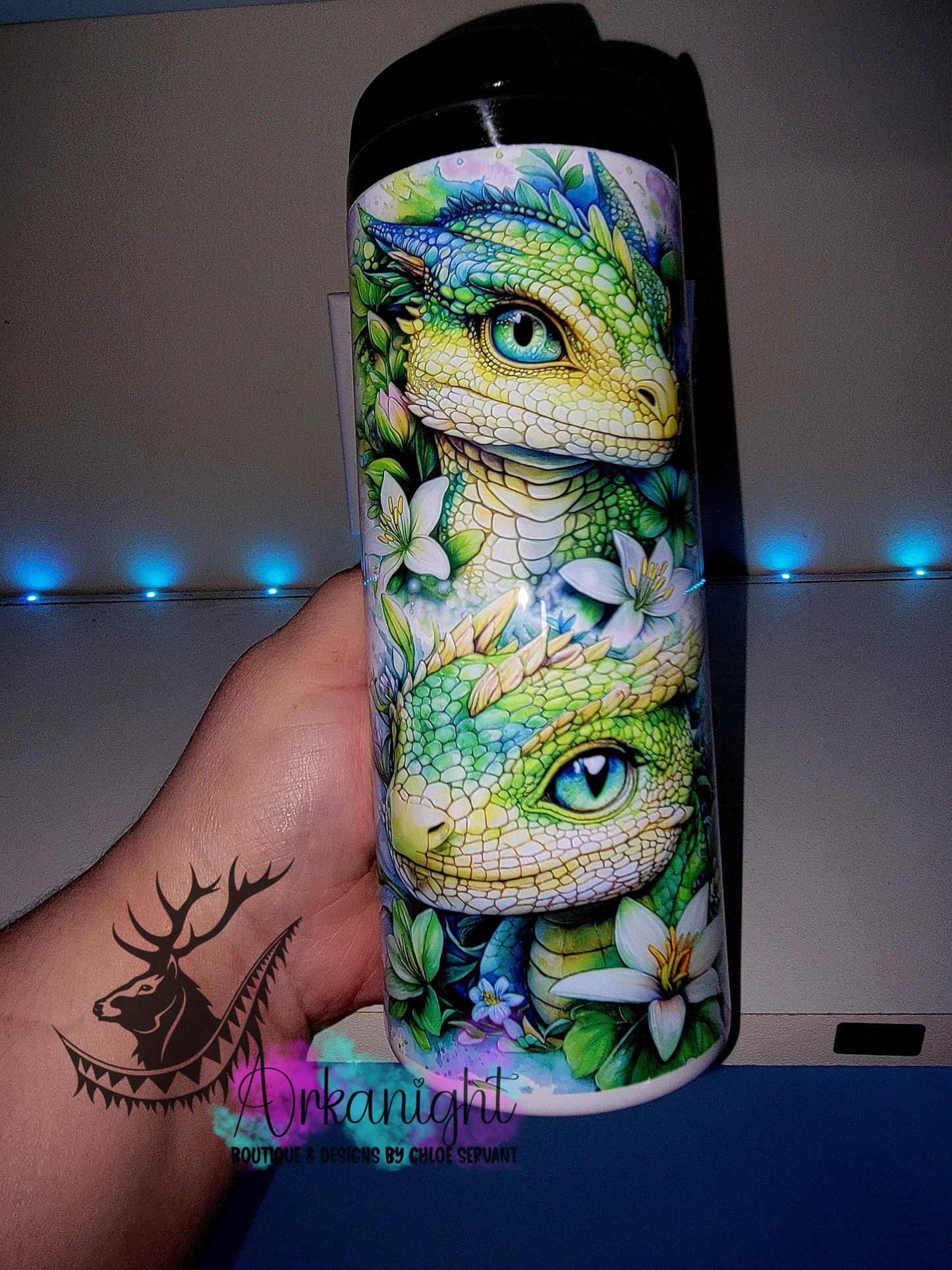 Gourde sur commande - Couvercle à café - 14 oz - Collection Fantaisie 2026 - Dragon Realism - Vert lime & Turquoise