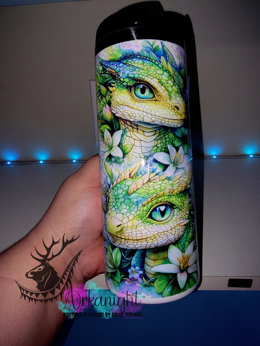 Gourde sur commande - Couvercle à café - 14 oz - Collection Fantaisie 2026 - Dragon Realism - Vert lime & Turquoise