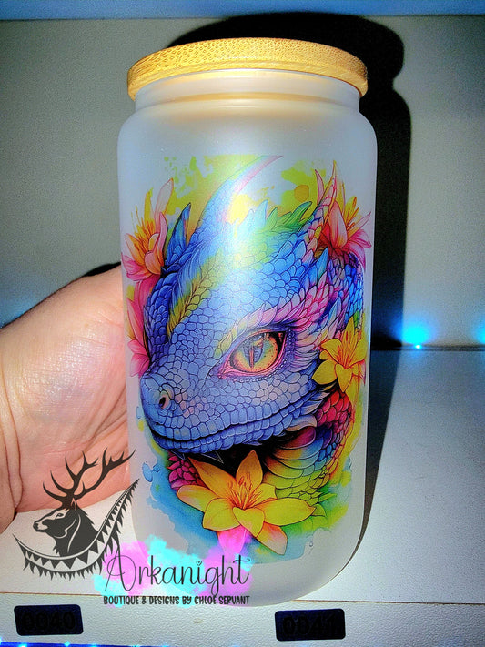 Verre en vitre givré 16oz & Couvercle en Bambou - Collection Fantaisie 2026 - Dragon Realism - Pastel multicouleurs