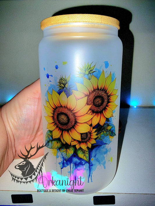 Verre en vitre givré 16oz & Couvercle en Bambou - Sunflower- Teinte de bleu
