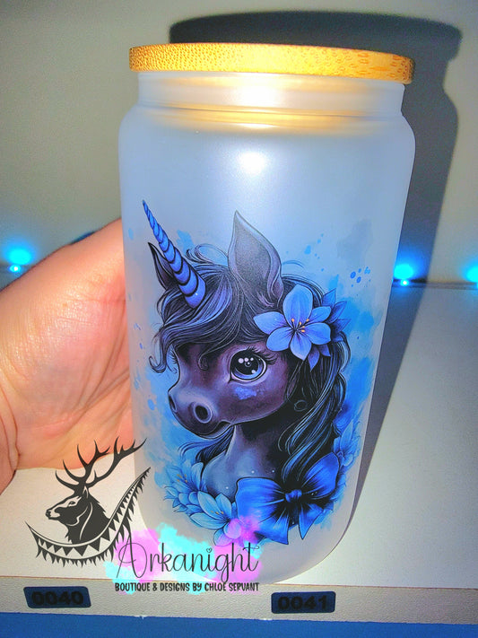 Verre en vitre givré 16oz & Couvercle en Bambou - Collection Fantaisie 2026 - Licorne Noir et bleu