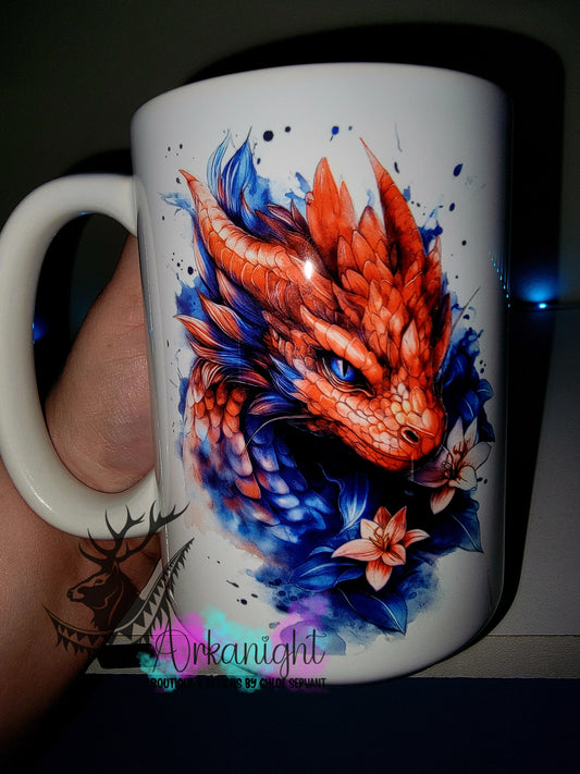 Tasse en céramique sur commande - Collection Fantaisie 2026 - Dragon - Bleu Royal & Rouge Vif