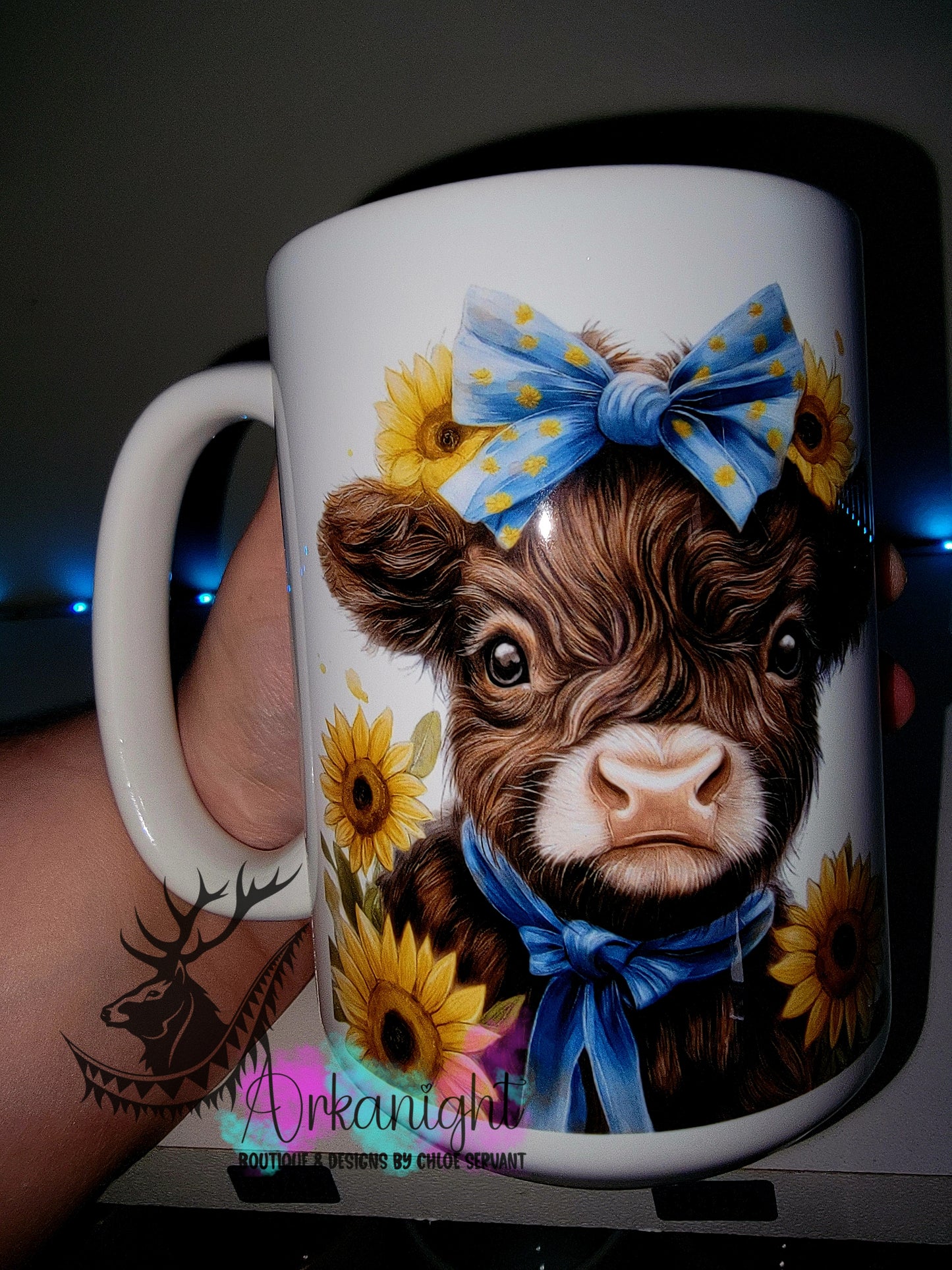 Tasse en céramique sur commande - Collection Realism - Animaux - Vache Highland Brune - Teinte de bleu - Sunflower