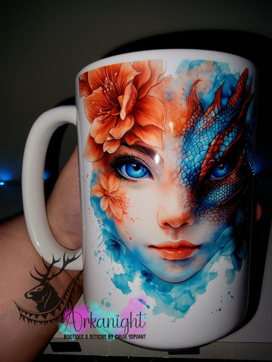 Tasse en céramique sur commande - Collection Fantaisie 2026 - Mi-Femme Mi-Dragon - Orange & Turquoise