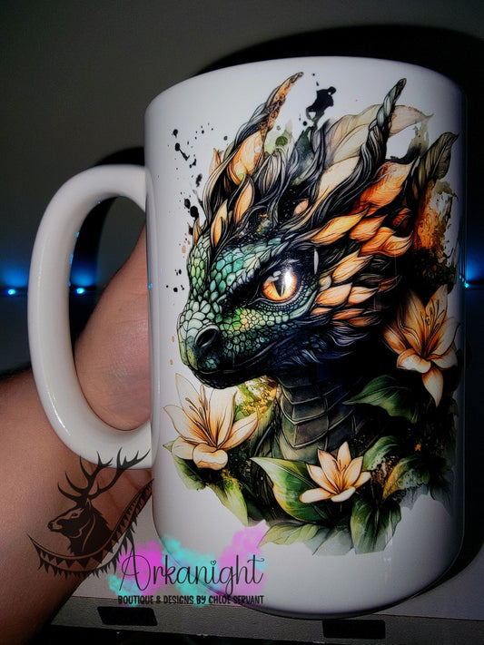 Tasse en céramique sur commande - Collection Fantaisie 2026 - Dragon - Noir , Vert Forêt & Or