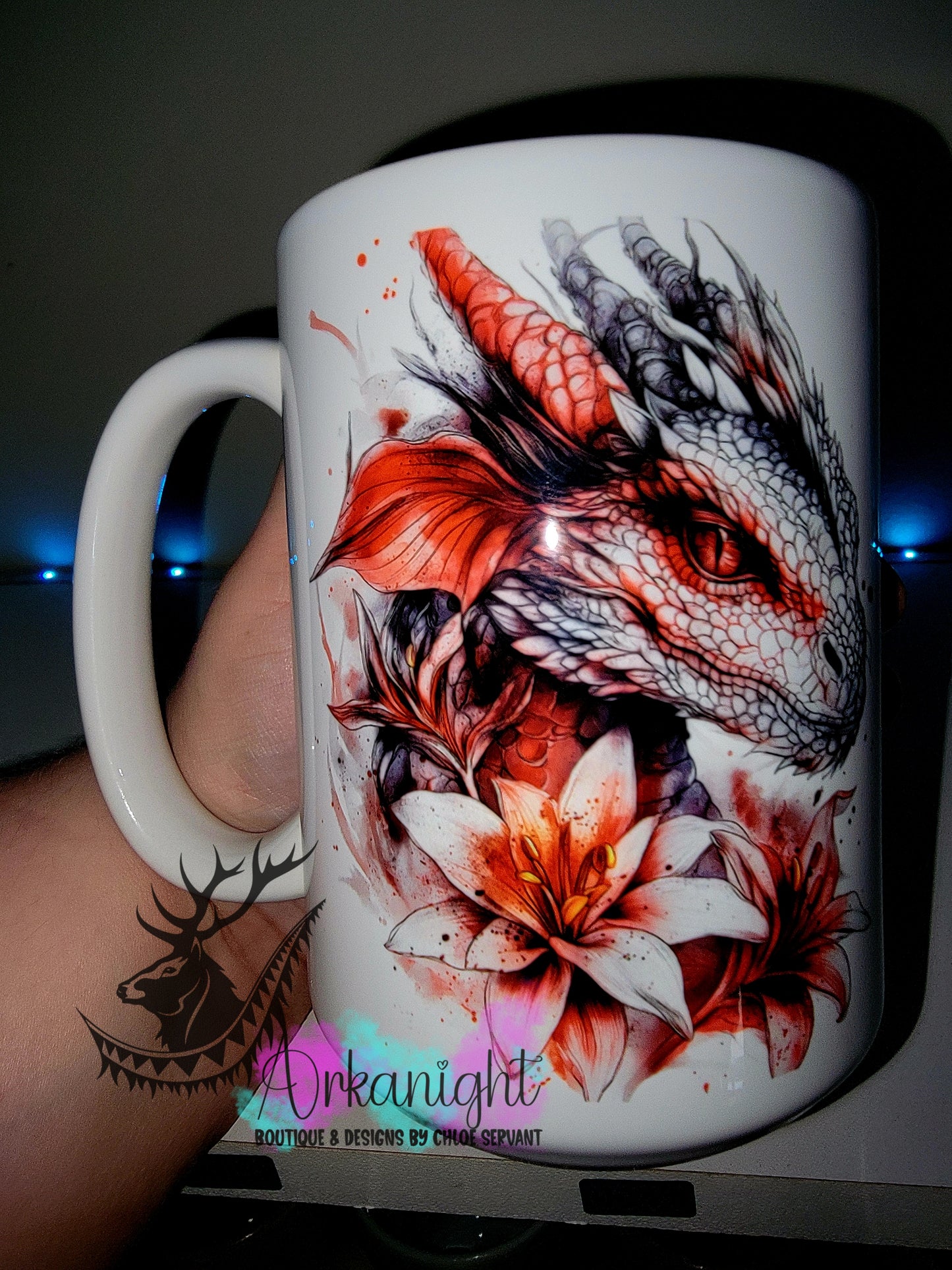 Tasse en céramique sur commande - Collection Fantaisie 2026 - Dragon - Rouge , Blanc & Gris