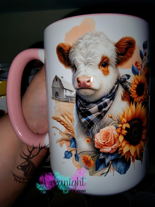 Tasse en céramique sur commande - Collection Western 2026 - Highland cow Blanche & rousse & Barn