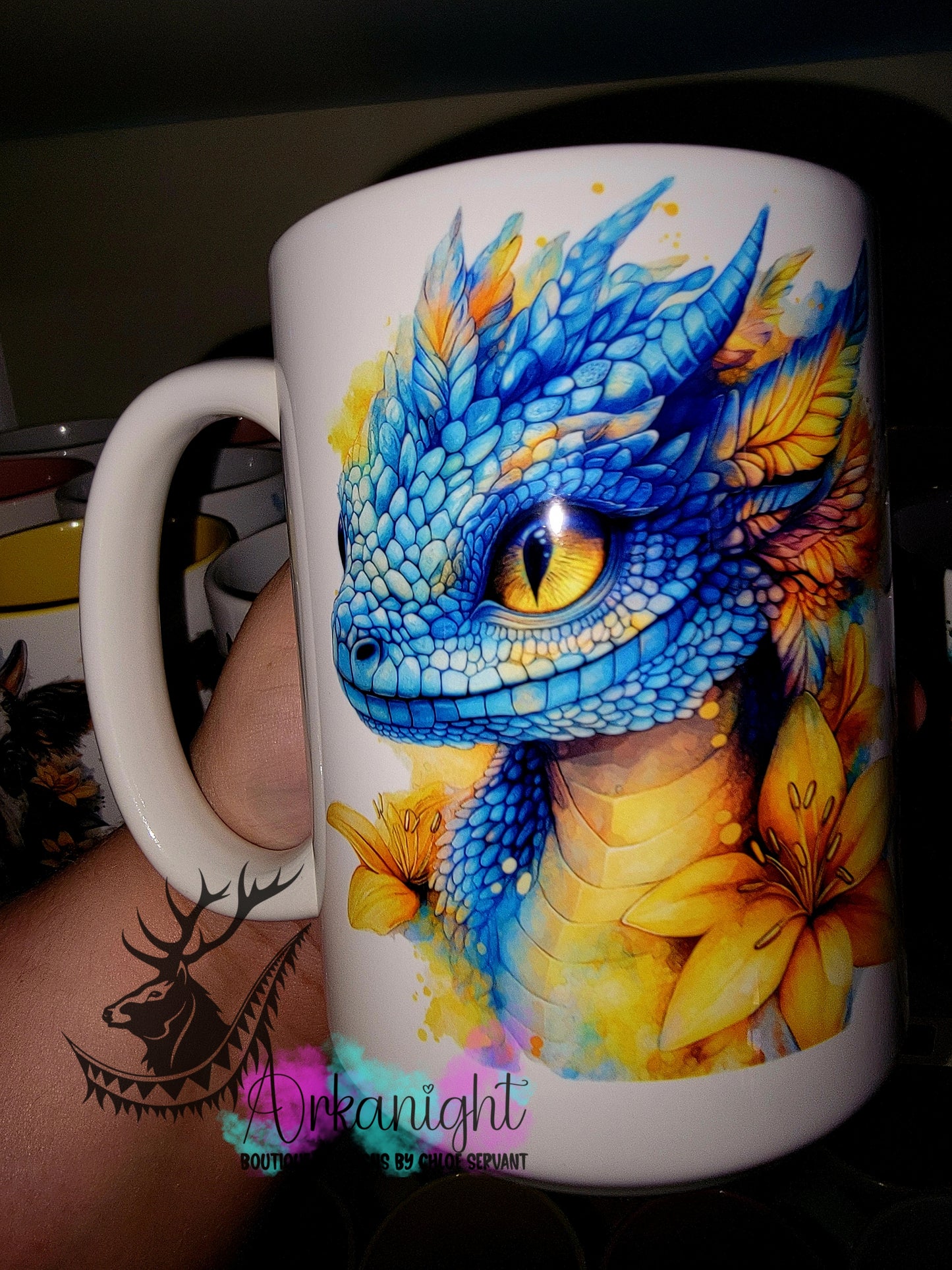 Tasse en céramique sur commande - Collection Fantaisie 2026 - Dragon - Turquoise & Jaune