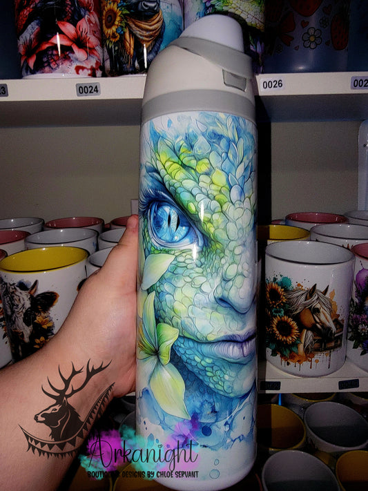Owala DUPE 24 oz sur commande - Collection Fantaisie 2026 - Mi-Femme Mi-Dragon - vert Menthe & Bleu Ciel
