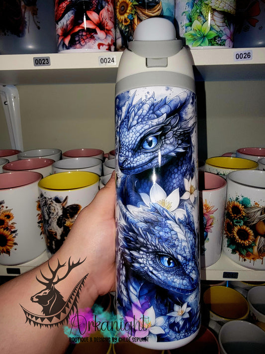 Owala DUPE 24 oz sur commande - Collection Fantaisie 2026 - Dragon Realism - Bleu royale & Noir