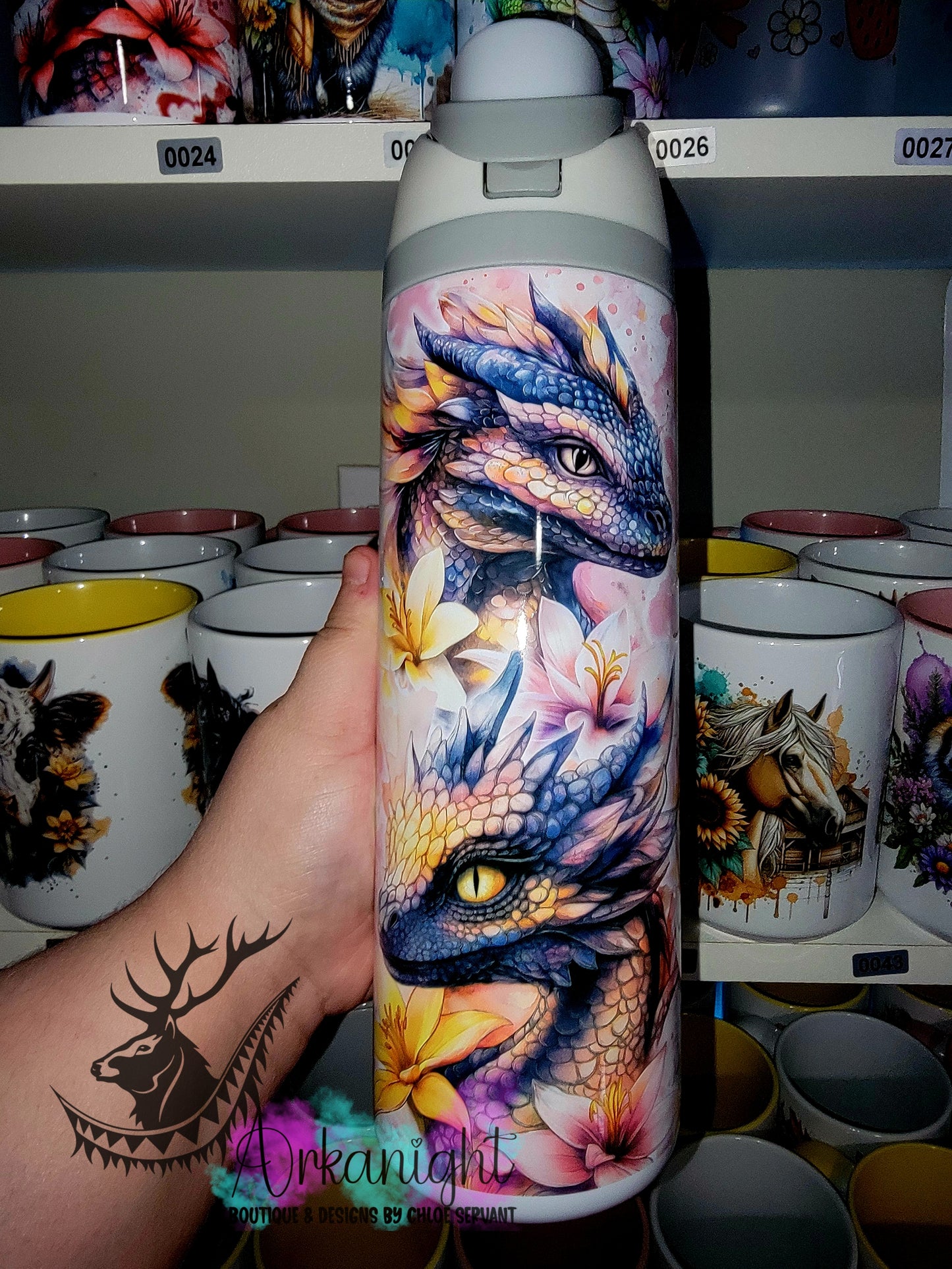 Owala DUPE 24 oz sur commande - Collection Fantaisie 2026 - Dragon Realism - Noir , Pêche & Gold