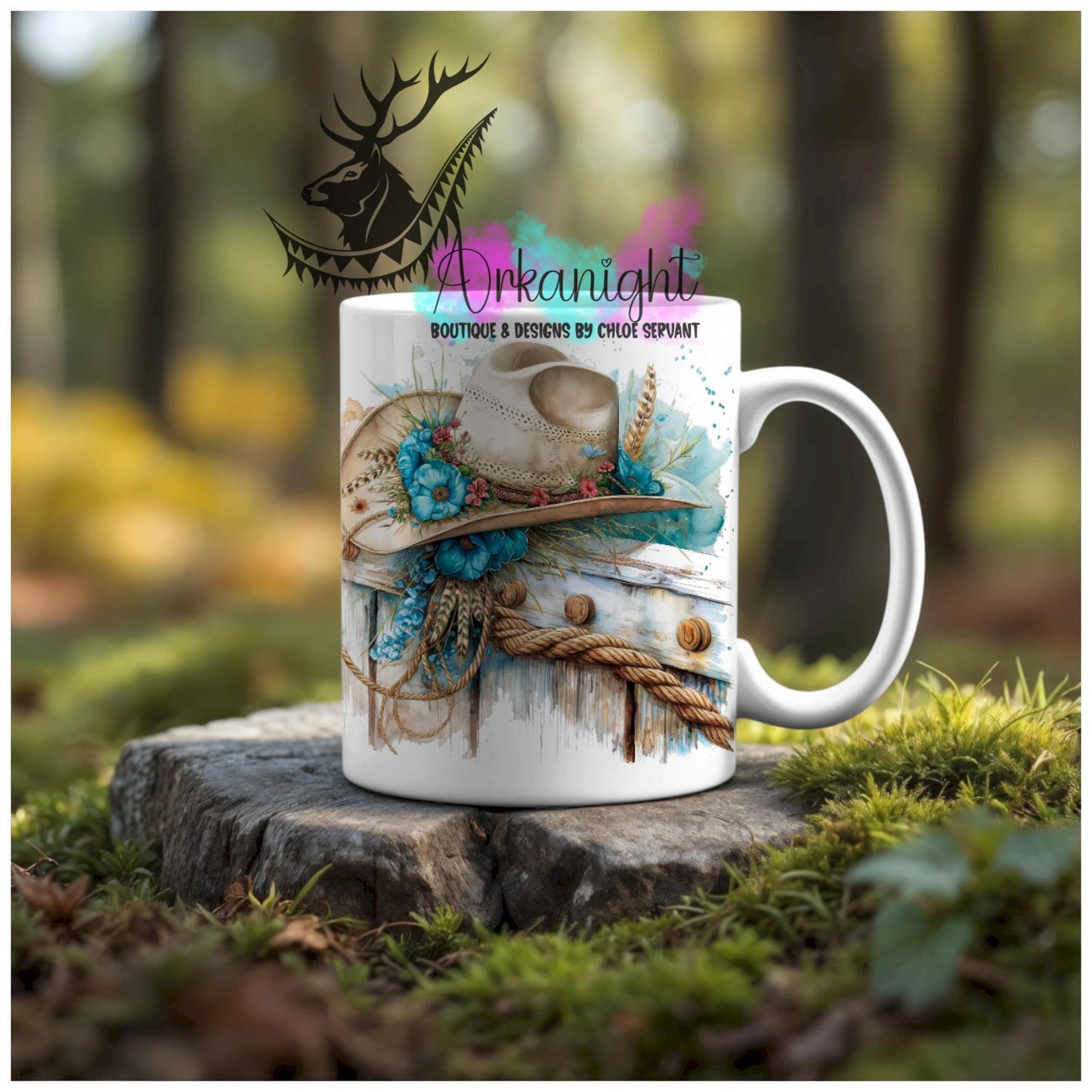 Numérique - Tasse en céramique - Western 2026 - Chapeau & Clôtures- Teinte tan & Turquoise
