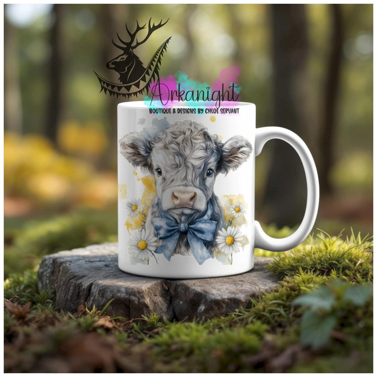 Numérique - Tasse en céramique - Western 2026 - Vache Highland Grise - Teinte de jaune - Marguerite