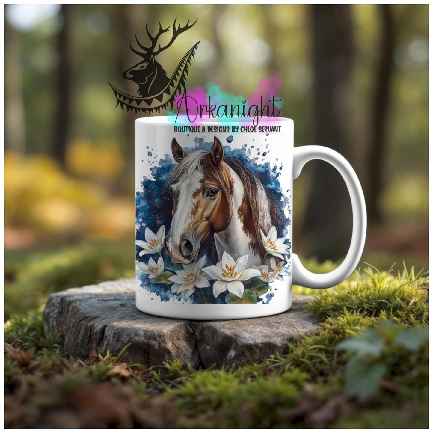 Numérique - Tasse en céramique - Western 2026 - Cheval Paint Horse Brun & Blanc - Teinte de bleu marin