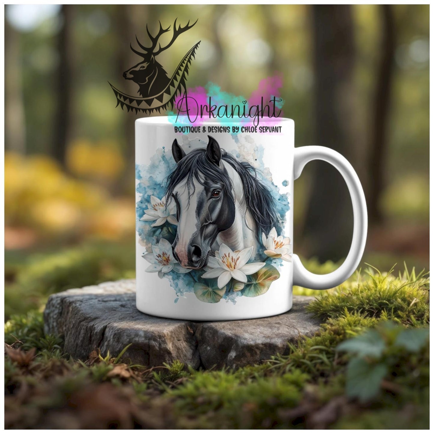 Numérique - Tasse en céramique - Western 2026 - Cheval Paint Horse Noir & Blanc - Teinte de turquoise