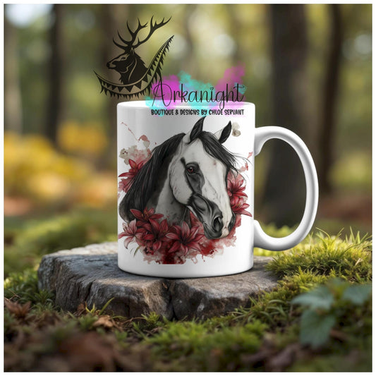 Numérique - Tasse en céramique - Western 2026 - Cheval Paint Horse Noir & Blanc - Teinte de Bourgogne