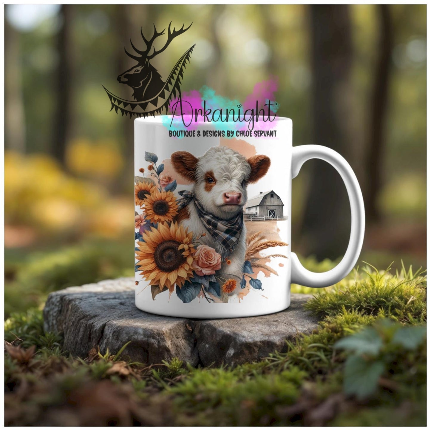 Numérique - Tasse en céramique - Western 2026 - Vache Highland Blanche & rousse - Barn & sunflower