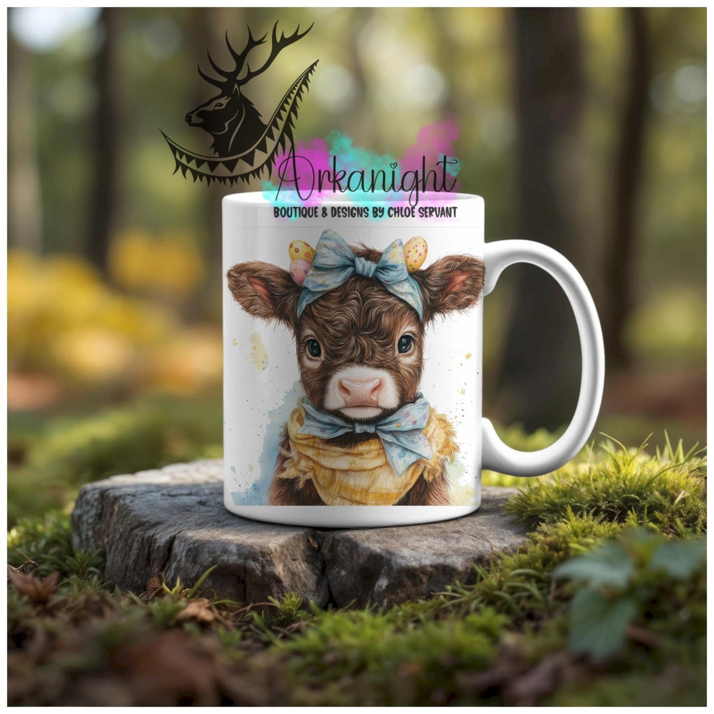 Numérique - Tasse en céramique - Western 2026 - Vache Highland Brune & Tan - Teinte de jaune et Bleu Gris