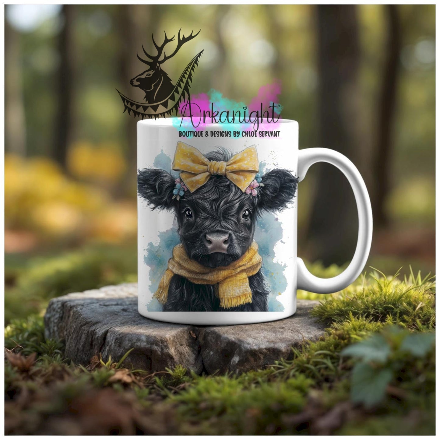 Numérique - Tasse en céramique - Western 2026 - Vache Highland Noir - Teinte de Bleu & Jaune