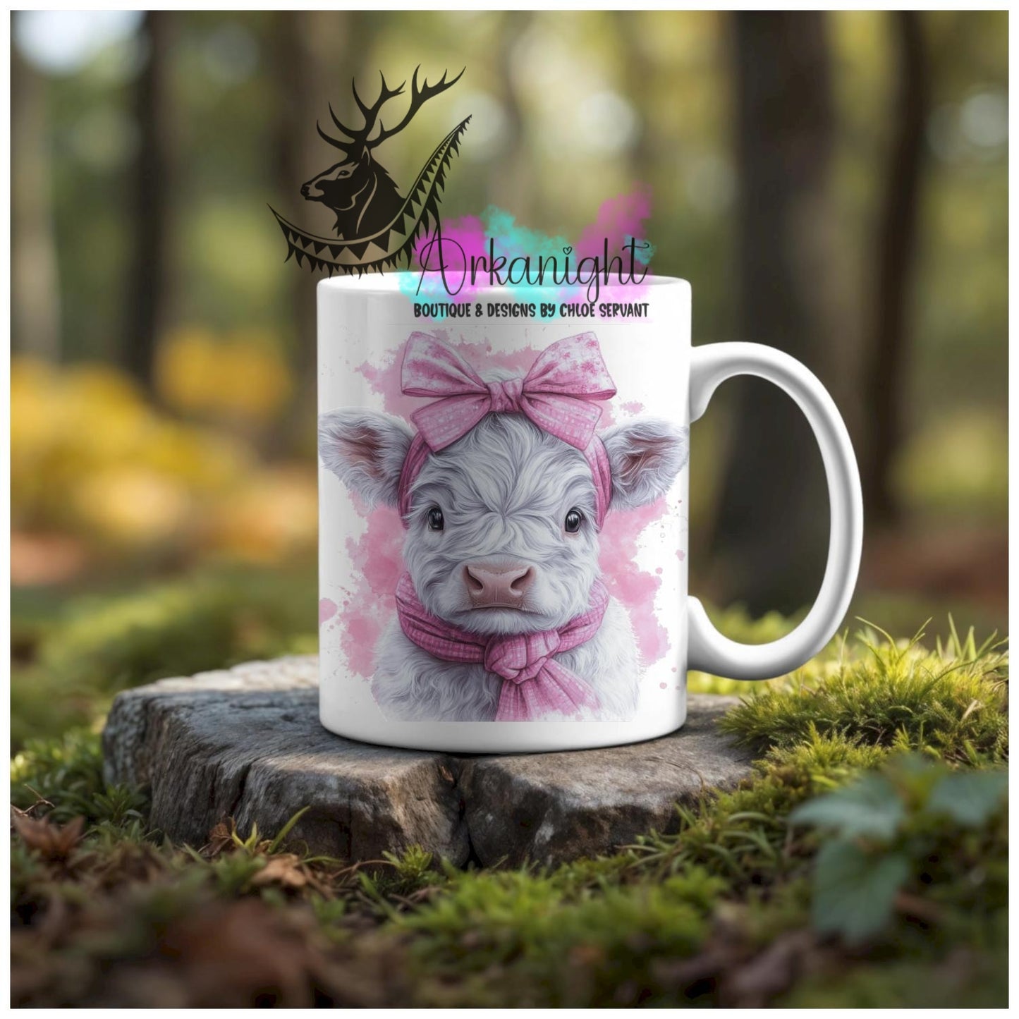 Numérique - Tasse en céramique - Western 2026 - Vache Highland Blanche - Teinte rose barbie