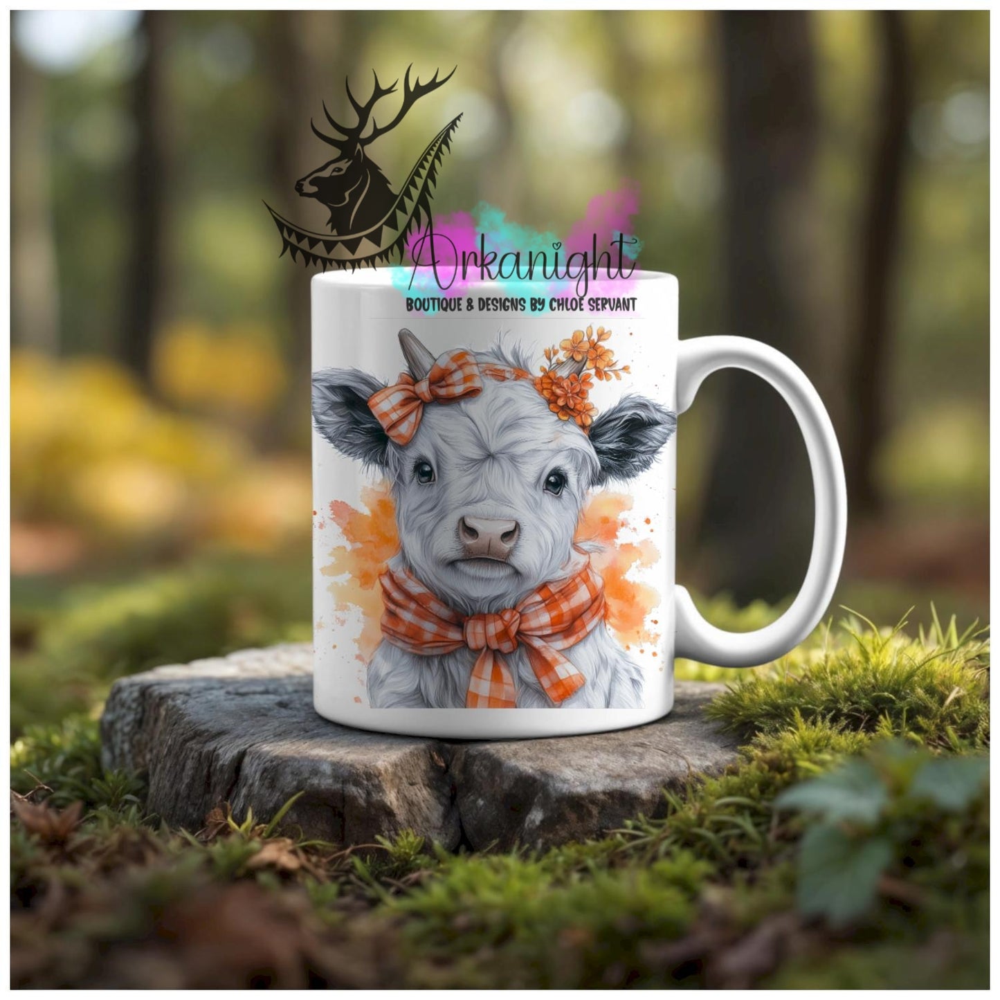 Numérique - Tasse en céramique - Western 2026 - Vache Highland Blanche & Grise - Teinte Orangé