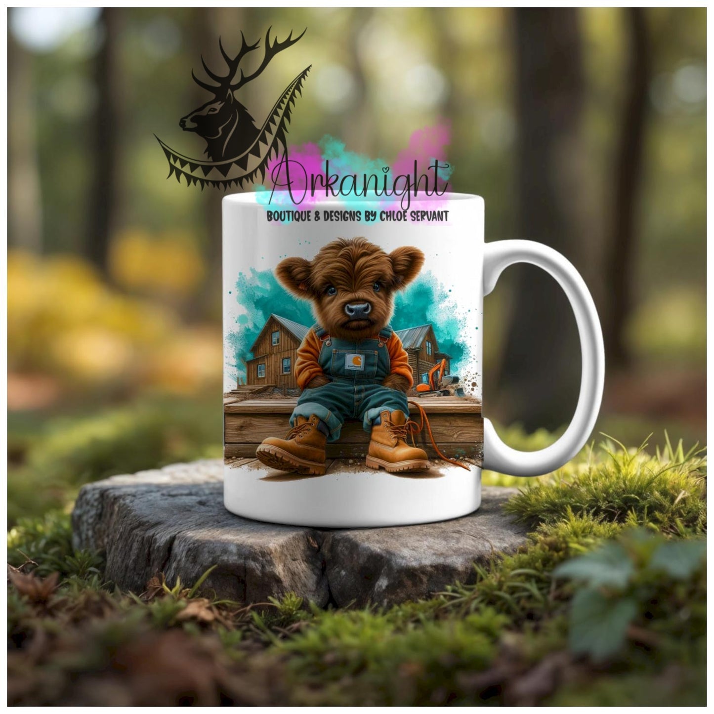 Numérique - Tasse en céramique - Collection Illustration Vache Métiers & Occupations - Vache Highland Brune Foncé & Noire - Construction - Turquoise - 02