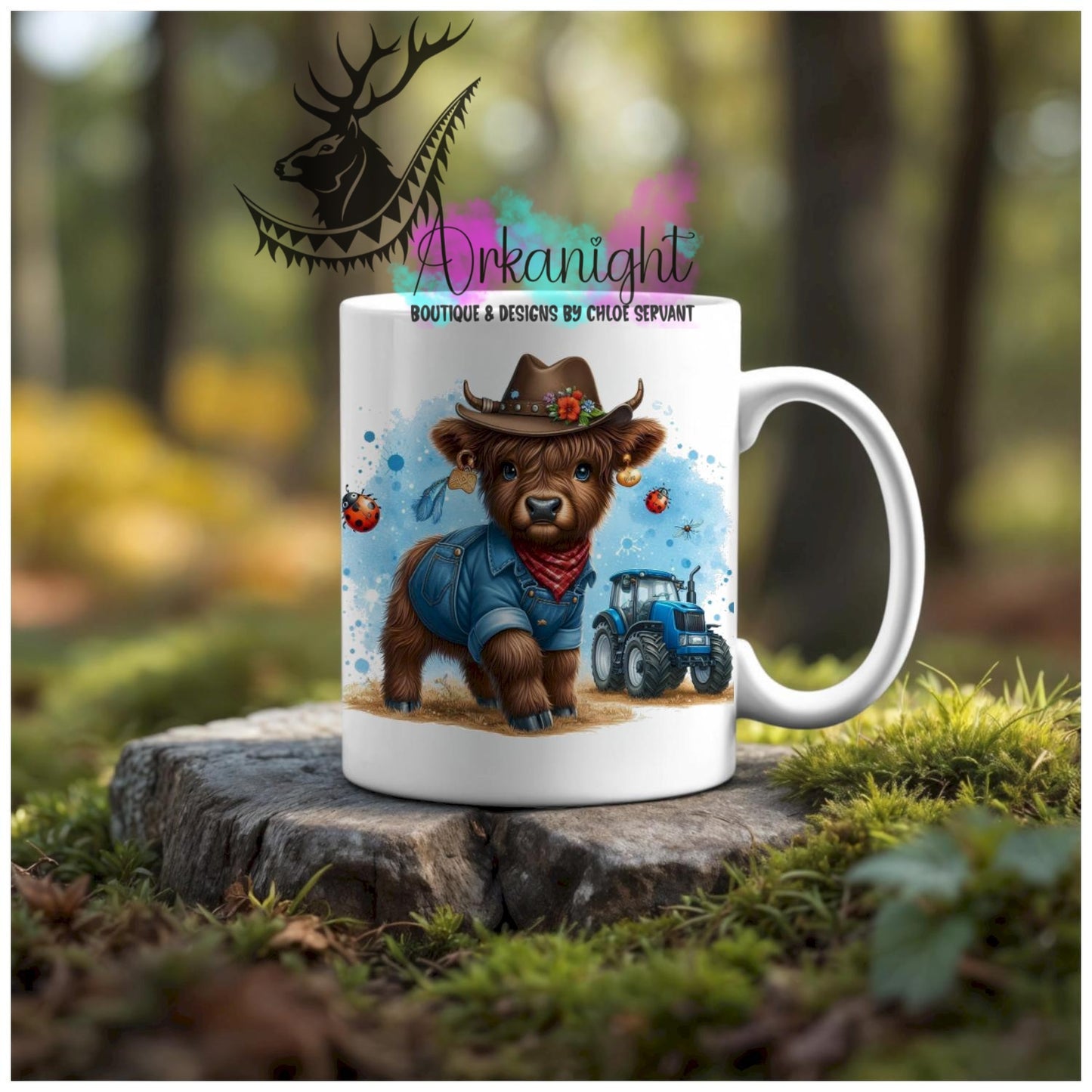 Numérique - Tasse en céramique - Collection Illustration Vache Métiers & Occupations - Vache Highland Brune - Cowgirl - Turquoise
