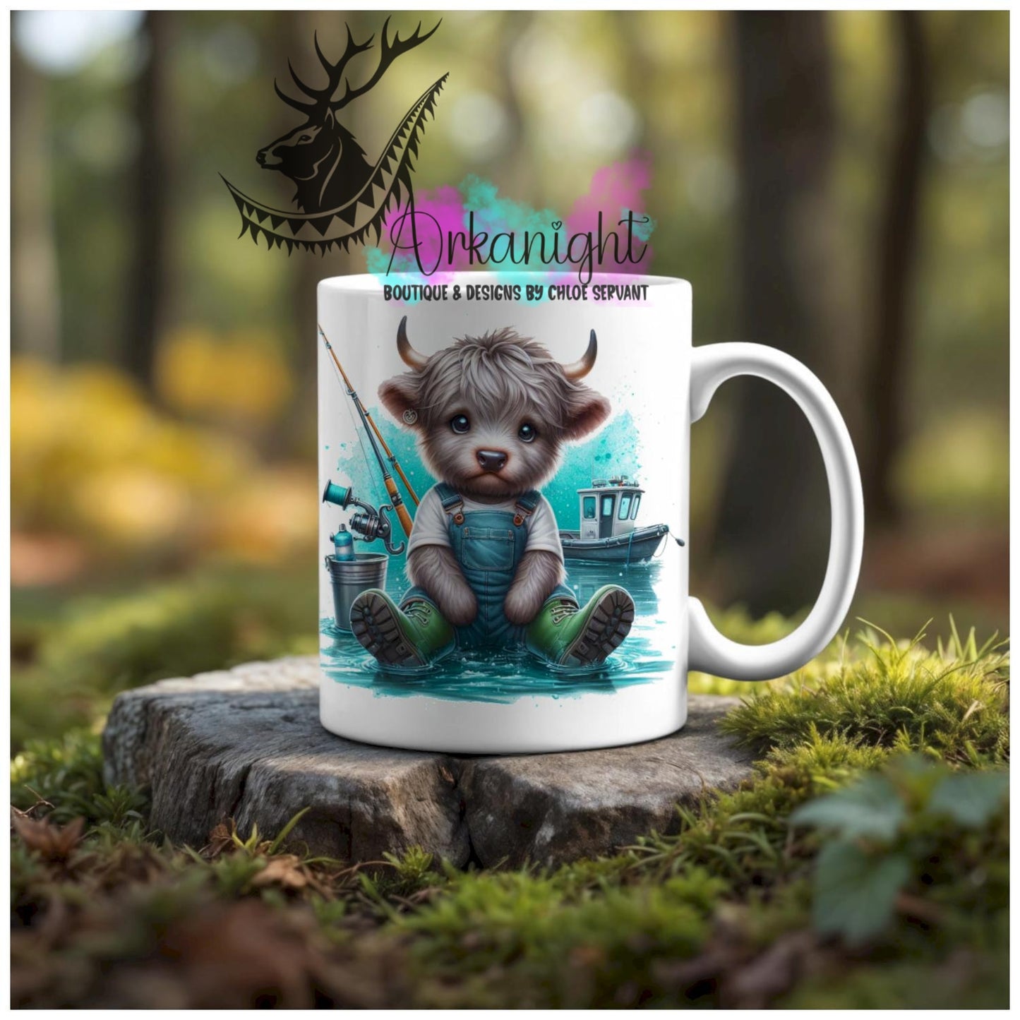 Numérique - Tasse en céramique - Collection Illustration Vache Métiers & Occupations - Vache Highland Grise - Pêcheur - 03