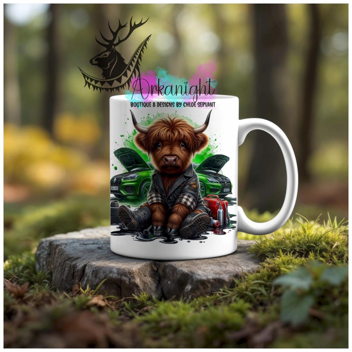 Numérique - Tasse en céramique - Collection Illustration Vache Métiers & Occupations - Vache Highland Rousse - Mécanicien - Teinte de Vert - 03