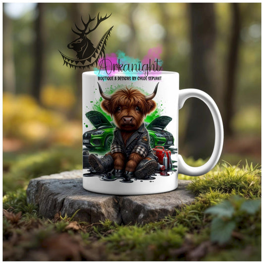 Numérique - Tasse en céramique - Collection Illustration Vache Métiers & Occupations - Vache Highland Rousse - Mécanicien - Teinte de Vert - 03