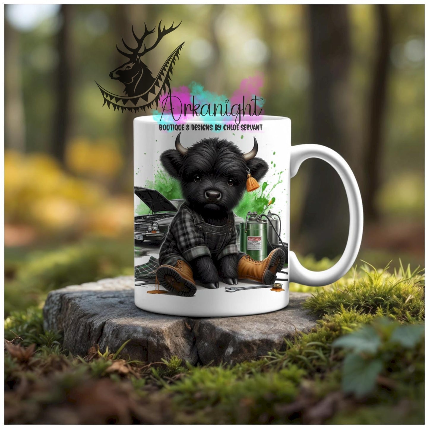 Numérique - Tasse en céramique - Collection Illustration Vache Métiers & Occupations - Vache Highland Noire - Mécanicien - Teinte de Vert - 02