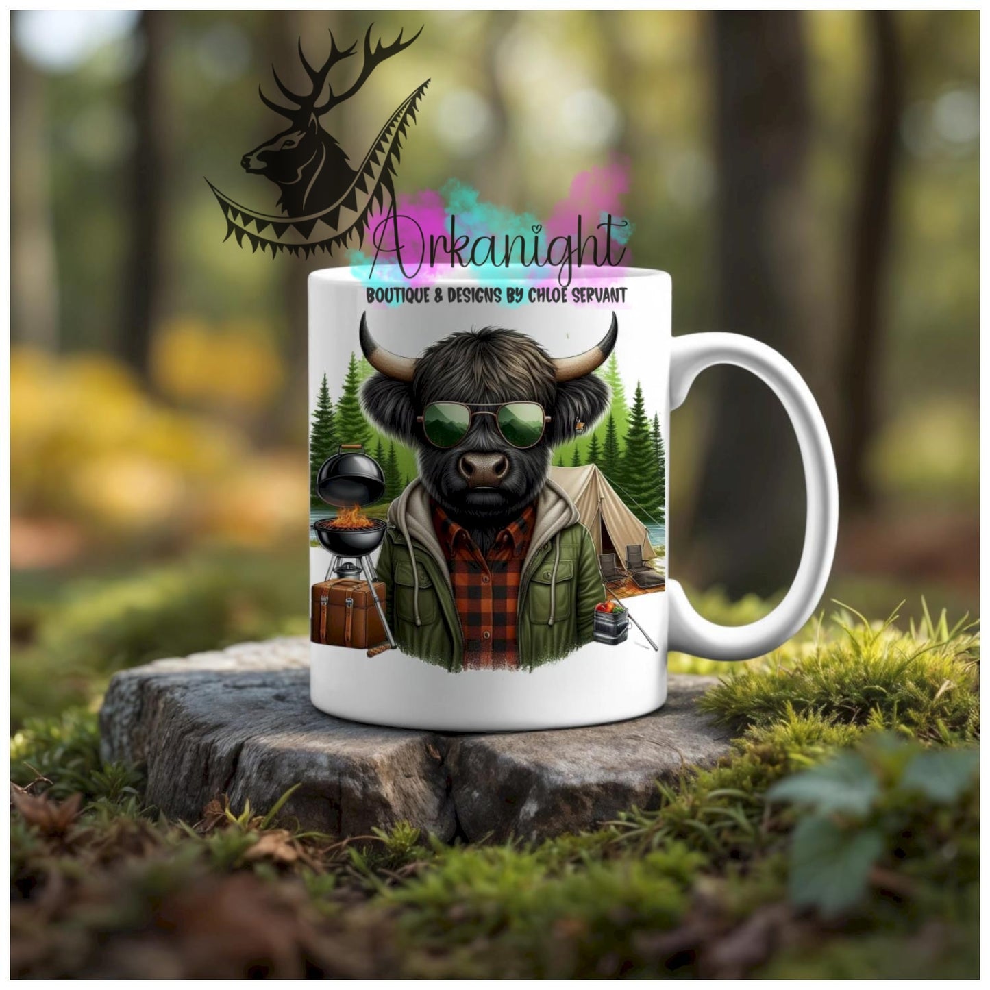 Numérique - Tasse en céramique - Collection Illustration Vache Métiers & Occupations - Vache Highland Noire - Camping - Teinte de vert
