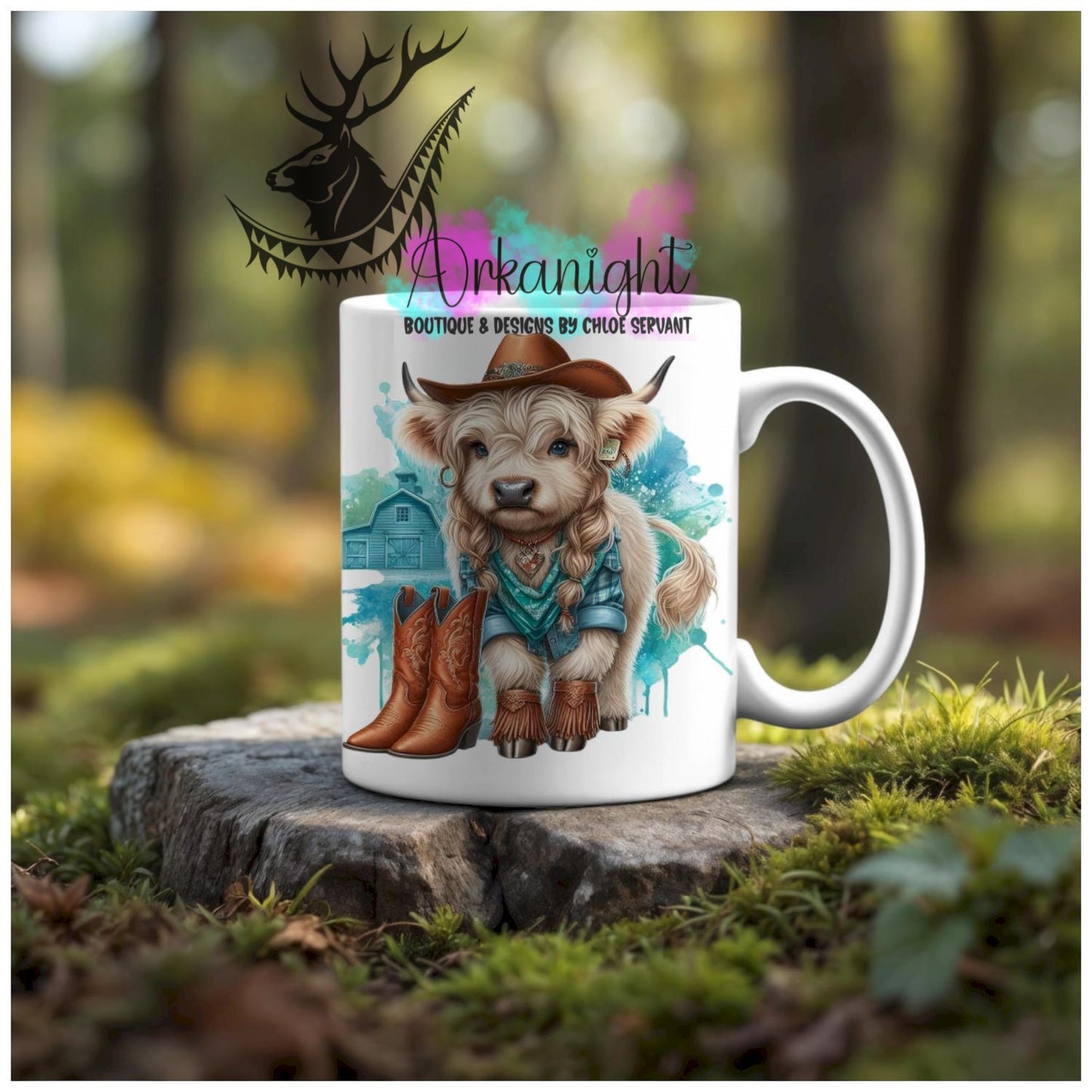 Numérique - Tasse en céramique - Collection Illustration Vache Métiers & Occupations - Vache Highland Blanche & Tan - Cowgirl - Teinte de Turquoise