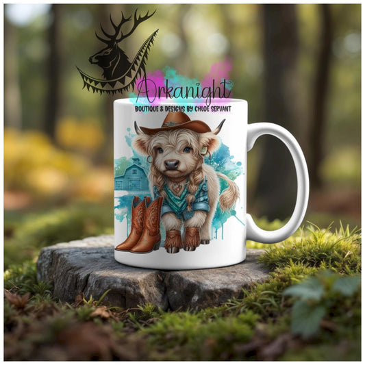 Numérique - Tasse en céramique - Collection Illustration Vache Métiers & Occupations - Vache Highland Blanche & Tan - Cowgirl - Teinte de Turquoise