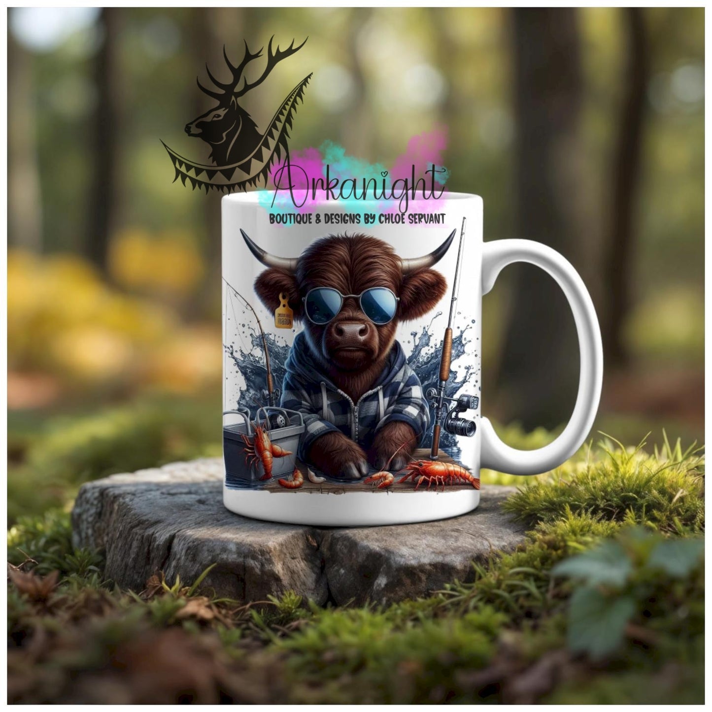 Numérique - Tasse en céramique - Collection Illustration Vache Métiers & Occupations - Vache Highland Brune Chocolat - Pêcheur de homard - Teinte de bleu
