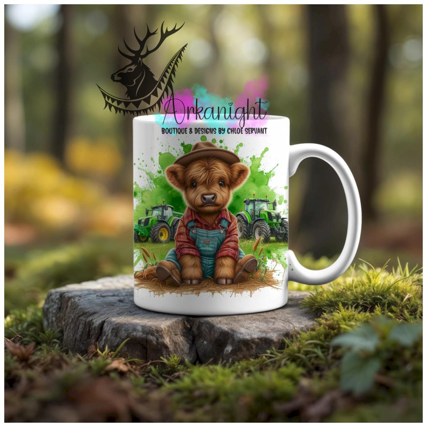 Numérique - Tasse en céramique - Collection Illustration Vache Métiers & Occupations - Vache Highland Tan - Farmer - Teinte de vert