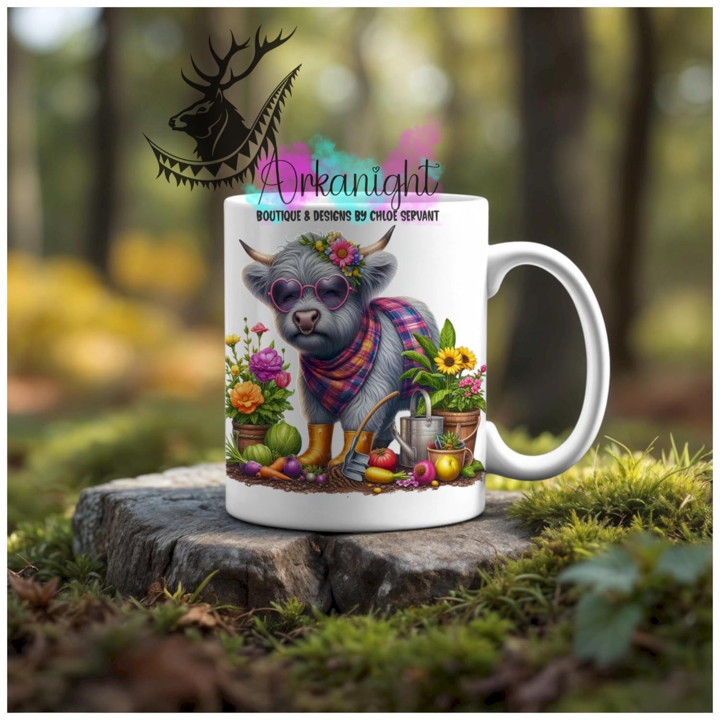 Numérique - Tasse en céramique - Collection Illustration Vache Métiers & Occupations - Vache Highland Grise - Jardinage - 02