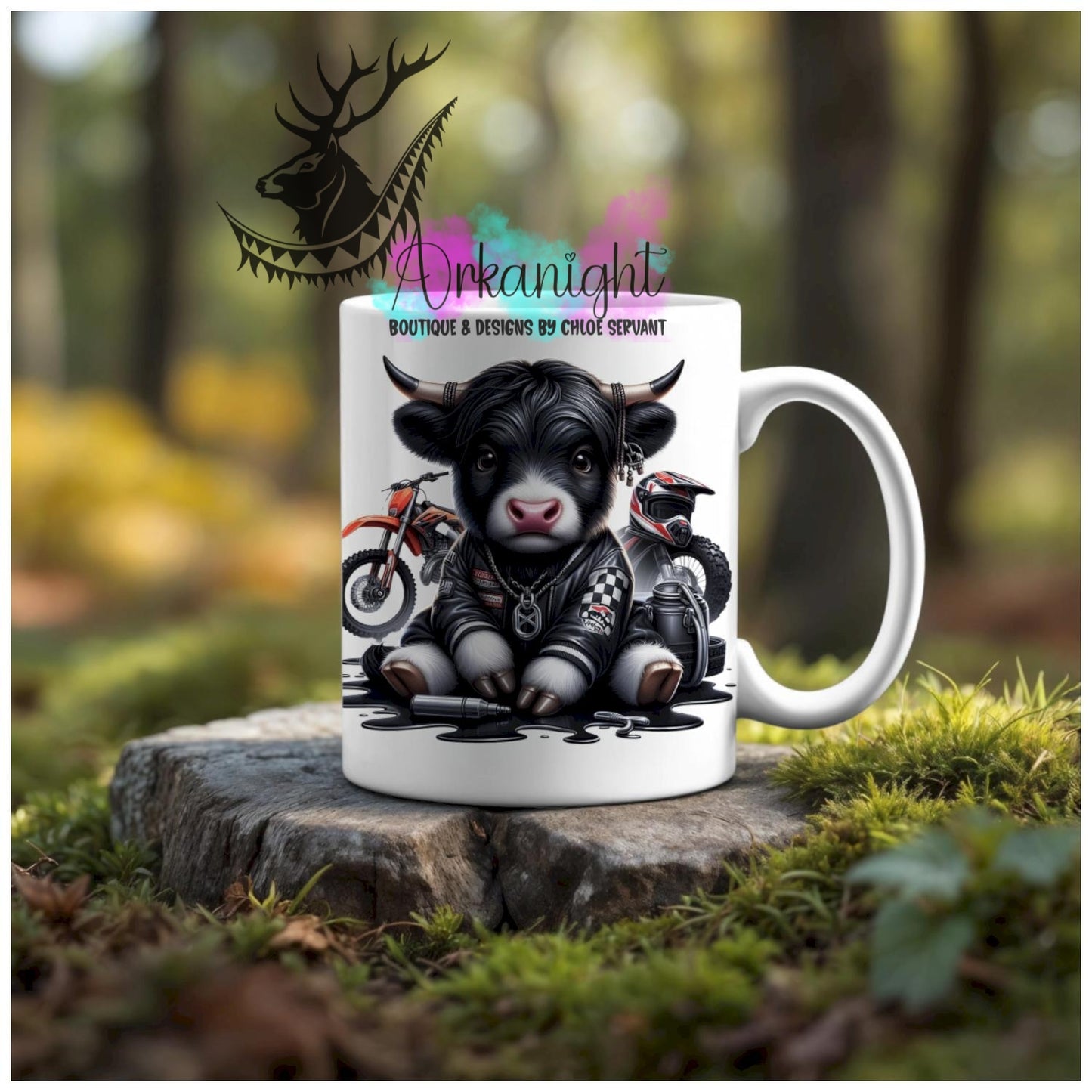 Numérique - Tasse en céramique - Collection Illustration Vache Métiers & Occupations - Vache Highland Noir & Blanche - Motocross - Teinte Noir & Orange
